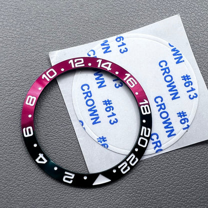 38mm GMT watch bezel insert with numerical markers, aluminum alloy, compatible with RLX movement, branded.