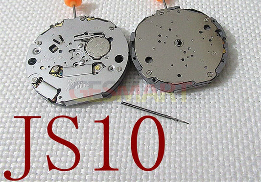 Miyota JS10 quartz watch movement with small second dial at 6, 9, and 12 o?clock positions, Japan made.