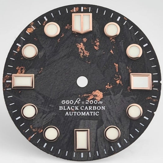 Rose gold trim 28.5mm carbon fiber black watch dial by Rose Golden Trim, compatible with NH34 NH35 movement.
