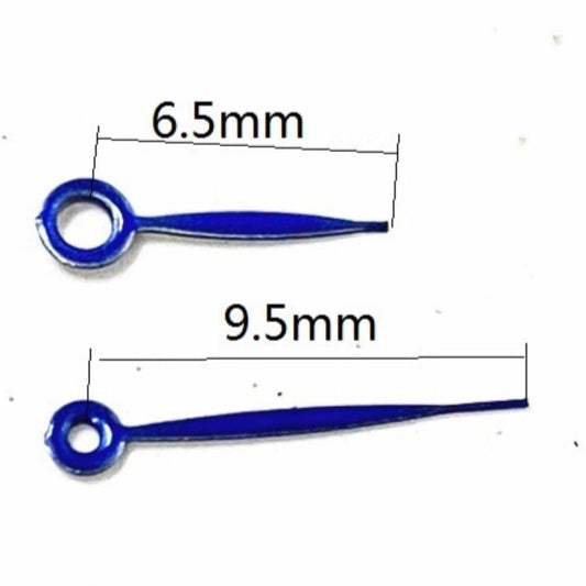 Blue 6.5x9.5mm watch hands compatible with Ronda 763, 762, 751, 1062, 1063 movements, precise fit for watch repairs.