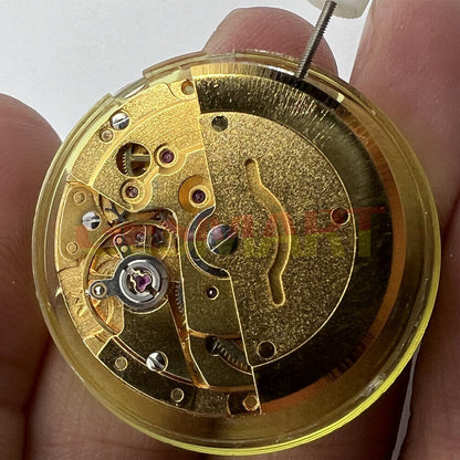 DG2813 automatic watch movement with golden finish, showcasing day and date functions for precision.