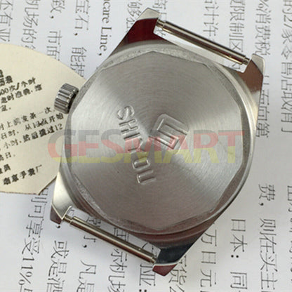 33mm Chinese mechanical watch with golden dial, single calendar, round case for elegant style.