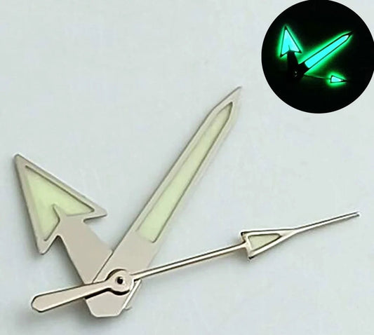 Arrow-shaped green lume watch hands with matted silver trim for NH35, NH36, 7S26, and NH70 movements,.