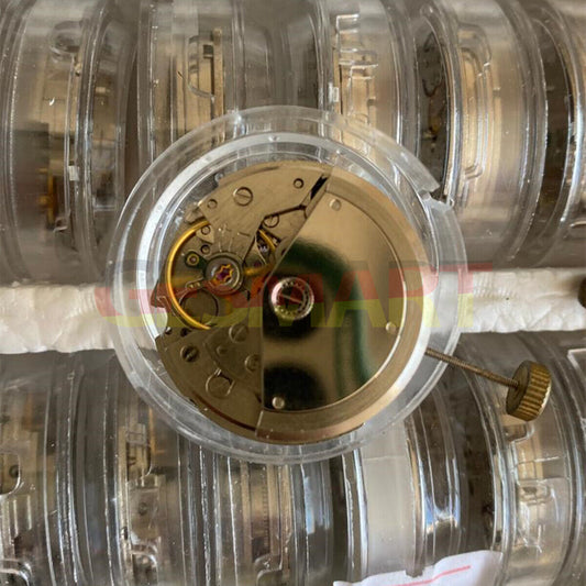 Close-up of China Shanghai 7753 automatic mechanical watch movement for disassembled practice and repair.