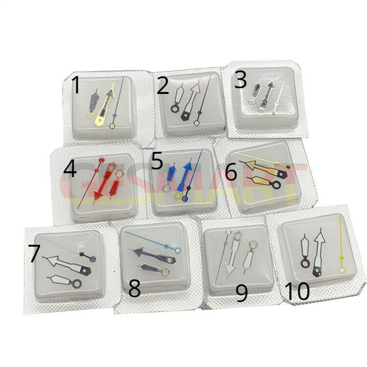 Green luminous arrow-shaped watch hands set with three hands, compatible with Miyota NH35/NH36 movements.