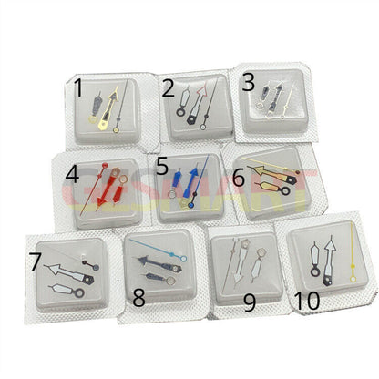 Green luminous arrow-shaped watch hands set with three hands, compatible with Miyota NH35/NH36 movements.