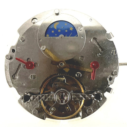 Silver automatic mechanical watch with moonphase at 12, bare balance wheel visible - China made timepiece.