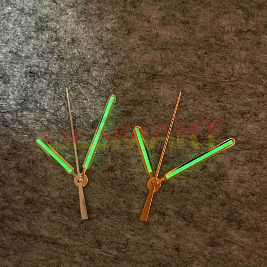 Green luminous watch hands with silver and golden trim for NH35/NH36/4R36 movement, branded for precision.