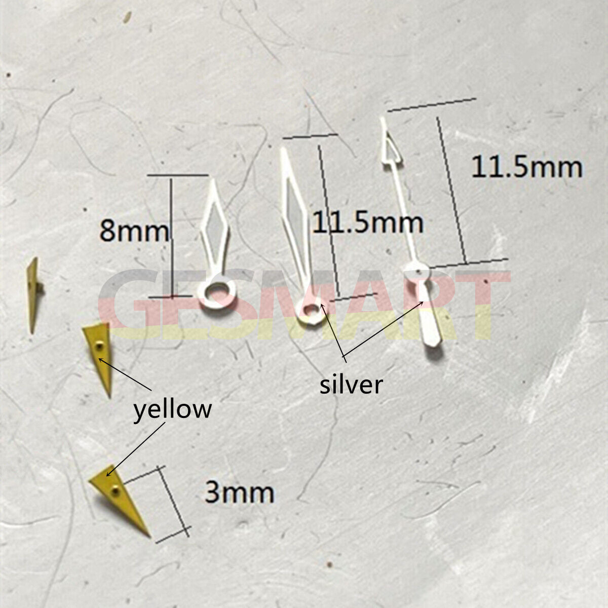 Diamond-shaped 11.5mm silver trim watch hands for Miyota OS series, enhancing precision and style.