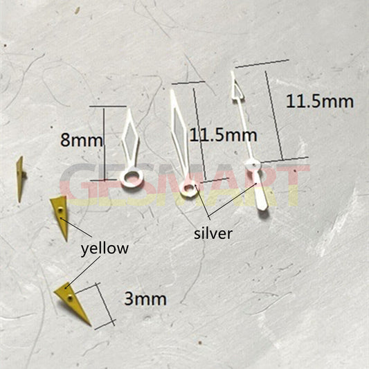 Diamond-shaped 11.5mm silver trim watch hands for Miyota OS series, enhancing precision and style.