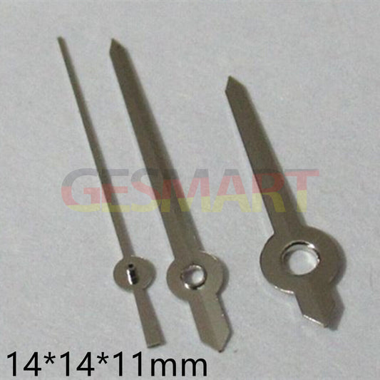 Silver 14mm pointed watch hands set compatible with Miyota 2035 2115 movements, precision design.