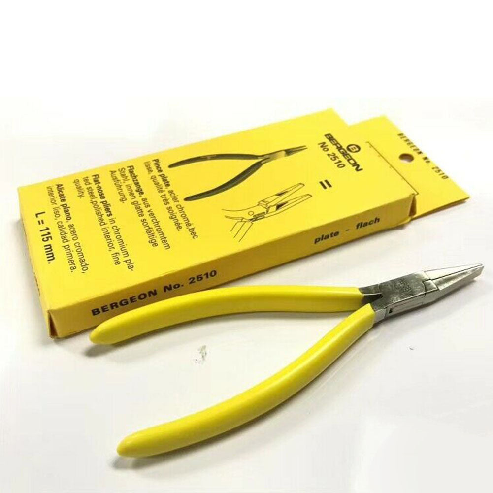 Bergeon 2510 flat nose pliers with smooth jaws for precise watch accessory adjustments and repairs.