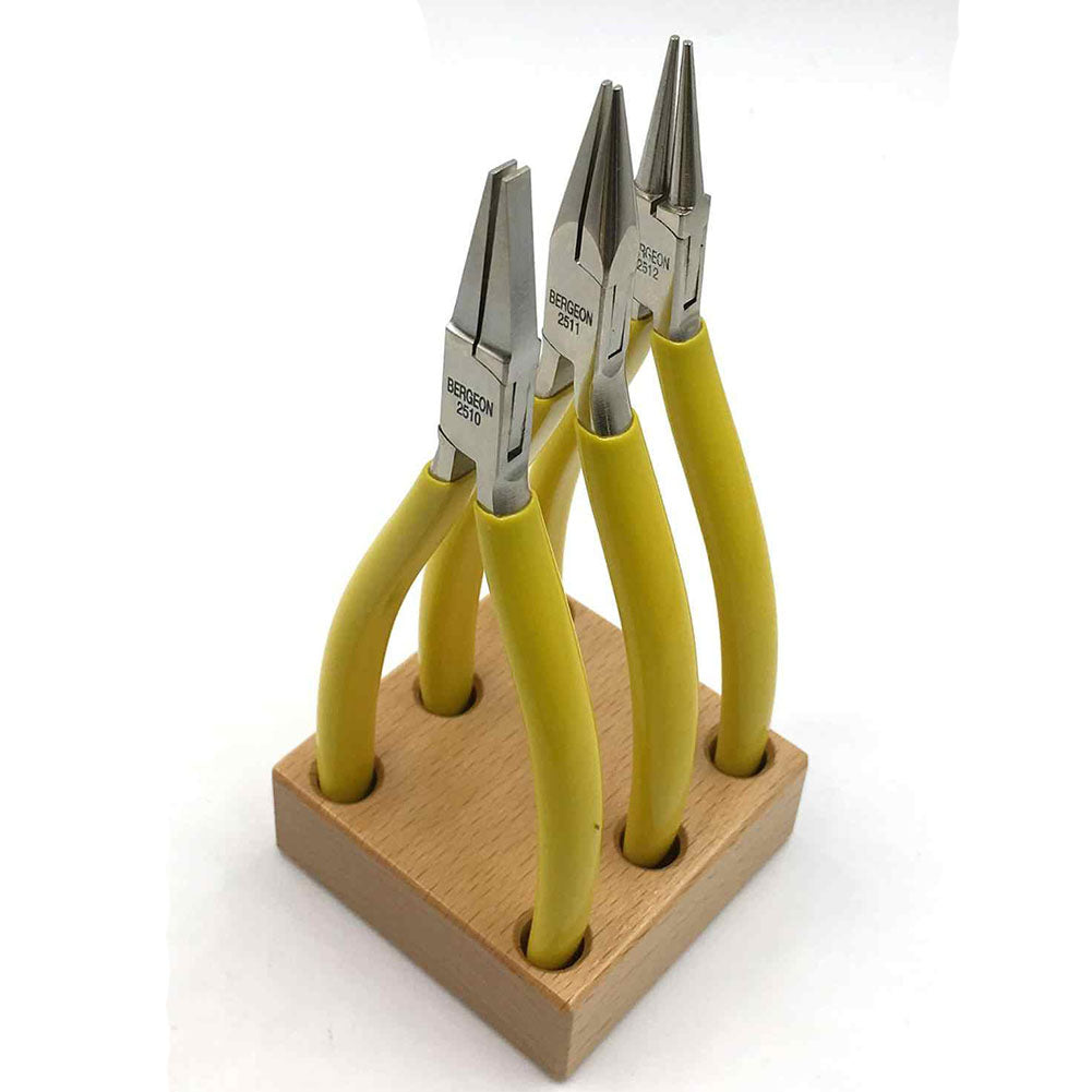 Bergeon 2513 watchmaker pliers set, smooth flat, round, snipe jaws for detailed watch accessory repairs.
