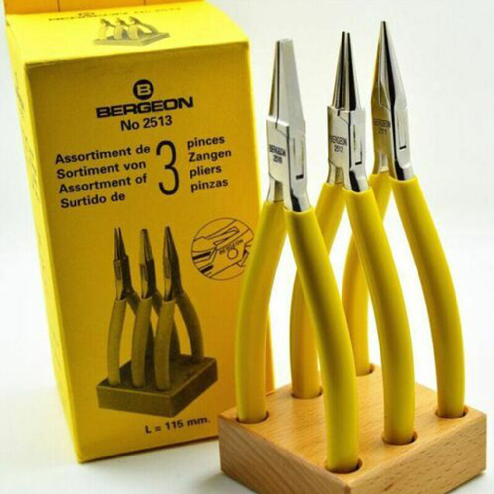 Bergeon 2513 watchmaker pliers set of 3 with smooth flat, round, and snipe jaws for detailed watch repair tasks.