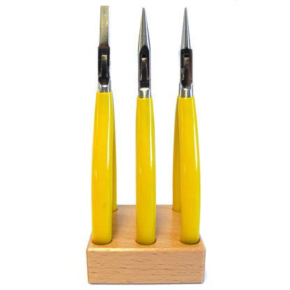 Bergeon 2513 watchmaker pliers set includes smooth flat, round, and snipe jaws for precise watch repair tasks.