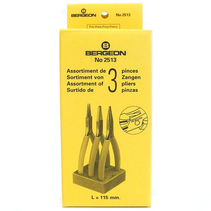 Bergeon 2513 watchmaker pliers set of 3 with smooth flat, round, and snipe jaws for precise watch repair.