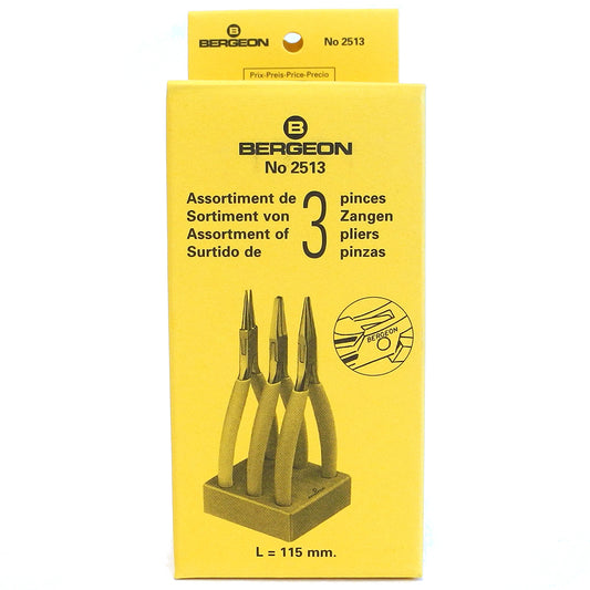 Bergeon 2513 watchmaker pliers set of 3 with smooth flat, round, and snipe jaws for precise watch repair.