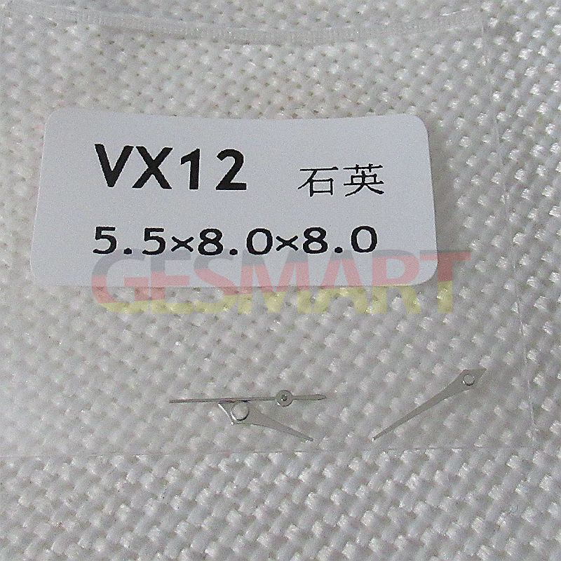 Silver watch hands for Hattori Epson VX12 movement, 5.5x8x8mm, compatible with various watch styles.