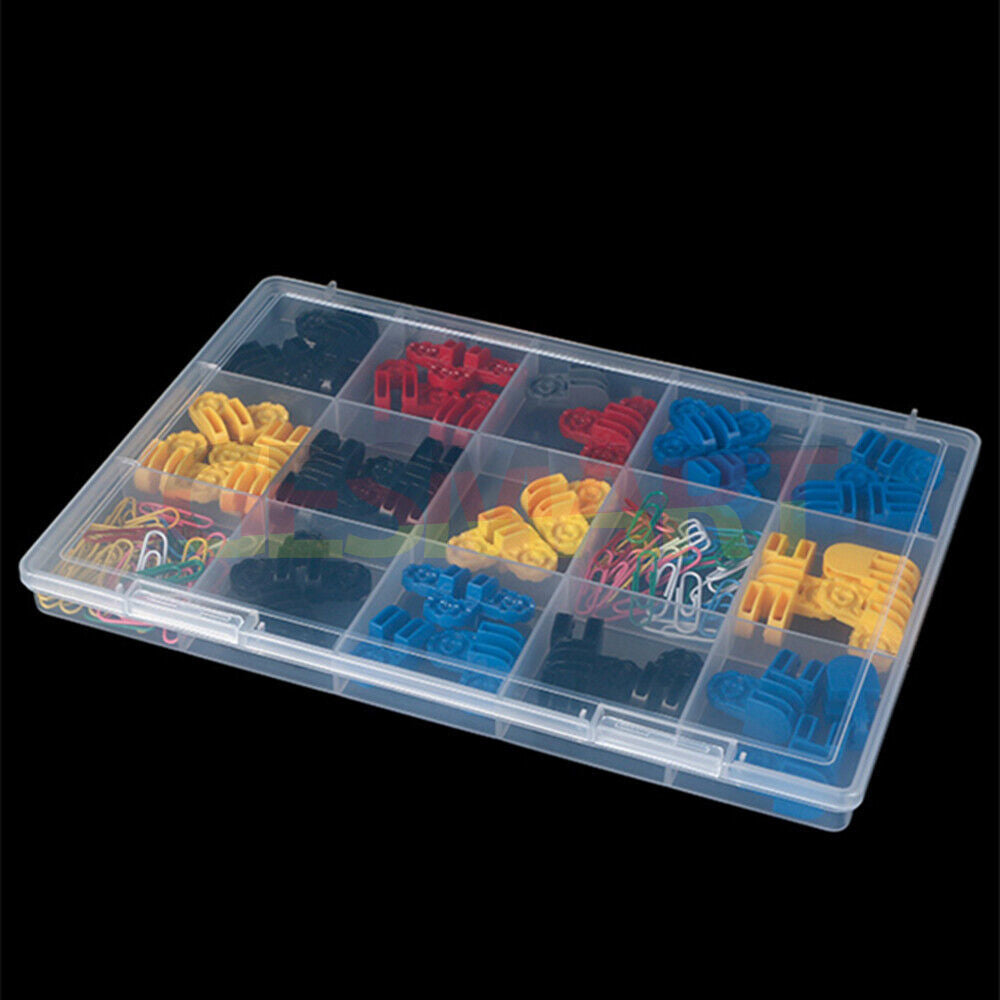 Rectangular 15-compartment toolbox container with hinged lid, 2.1x28.5x19.9cm, perfect for organizing small parts.
