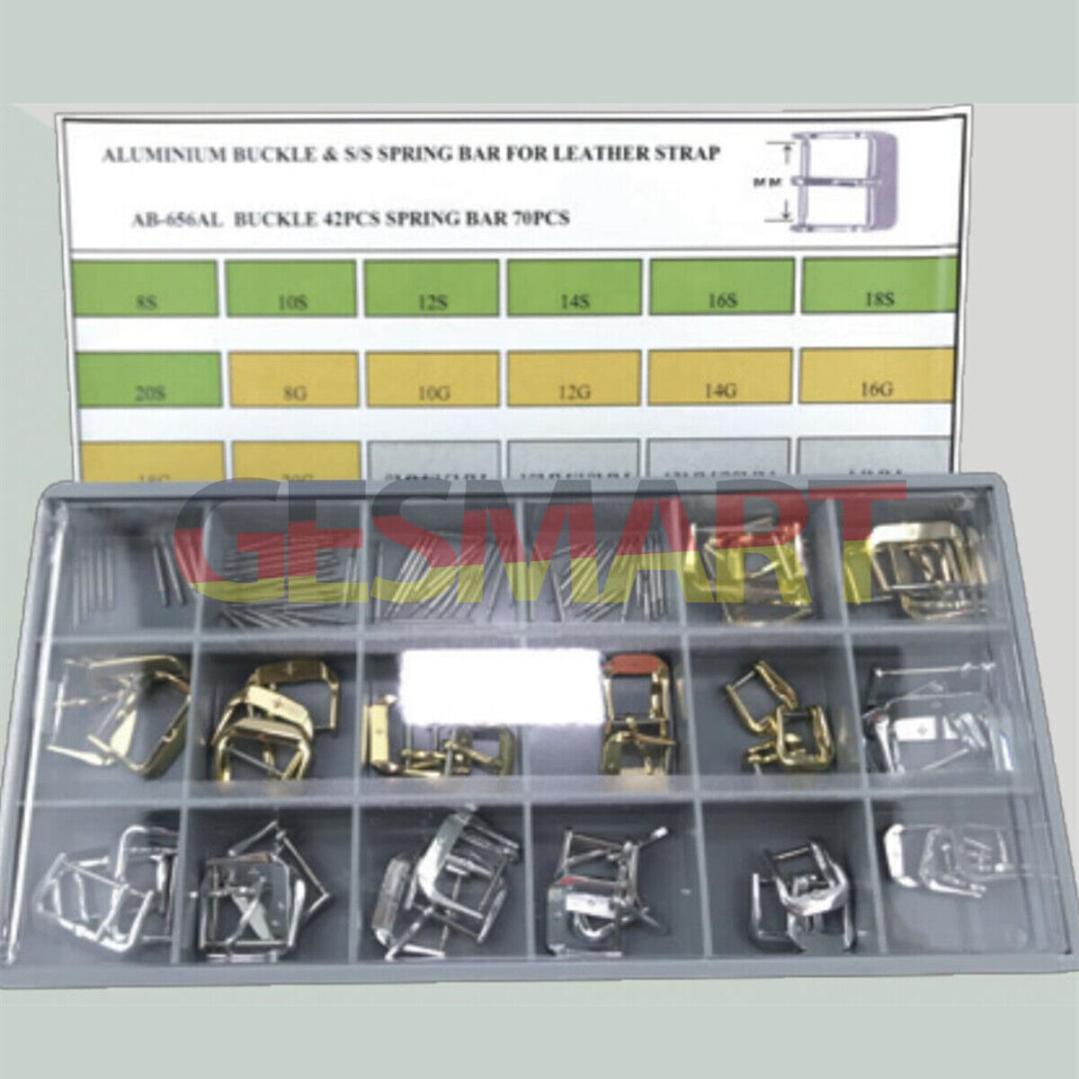 Set of 42 aluminum watch buckles and 70 stainless steel spring bars for leather straps, durable and stylish.