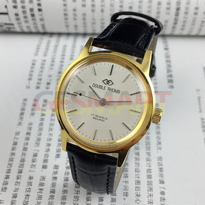 Beijing Double Rhomb manual mechanical watch with golden case and silver nail markers, classic design for watch enthusiasts.