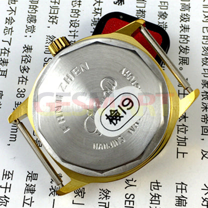 Golden 35mm mechanical watch with single calendar, showcasing elegant golden dial and case.