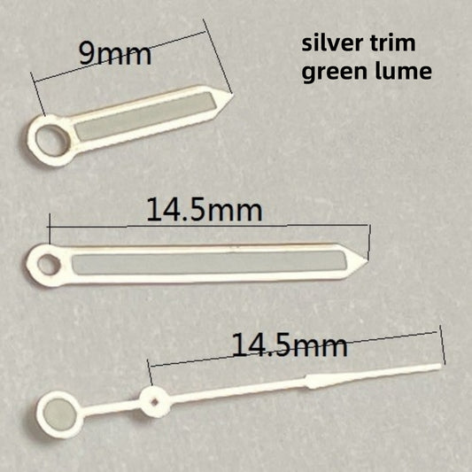 Silver trim green lume watch hands for Seagull ST6 automatic movement, enhancing readability and style.