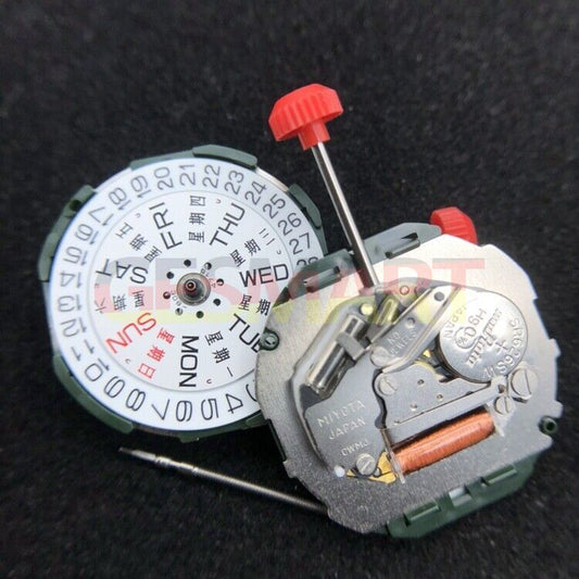 Quartz Miyota 2105 movement with 3 hands, day date display, and stem for precise watch repair.
