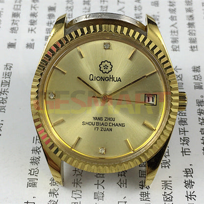Qionghua Steel men's mechanical watch with golden dial, 17 jewels, single calendar display