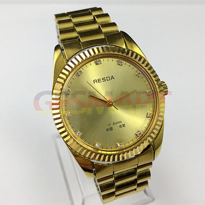 China Made manual mechanical watch with 17 jewels, gold dial, and imitation diamond indexes in classic style.