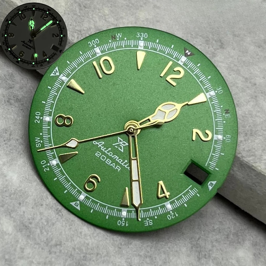 28.5mm Vintage Watch Dial Hands Green Luminous For SKX Mod Fit NH35/36 Movement