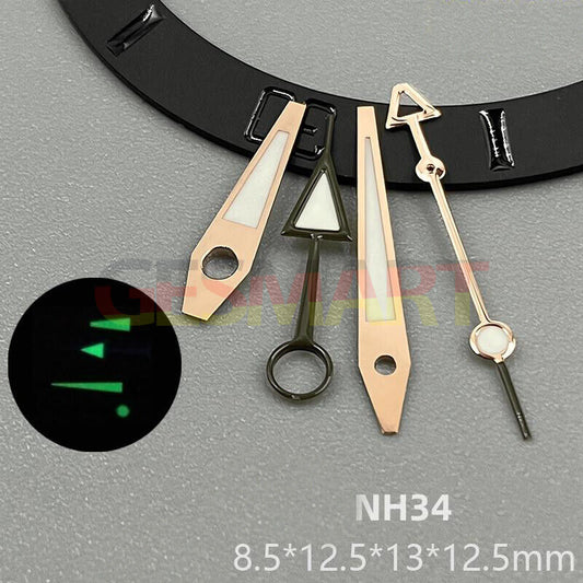 Green luminous rose gold watch hands with black trim for NH34 movement, enhancing readability and style.
