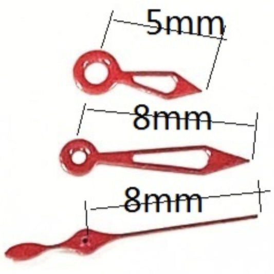 8mm solid red arrow-shaped watch hands, designed for Miyota 2035 quartz movement.