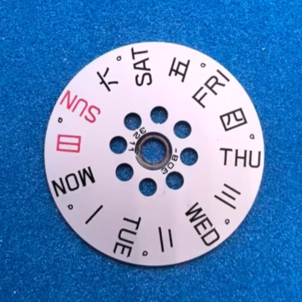 Set of 3 white Chinese-English week disk wheels for Miyota 8200 and 8215 watch movements.