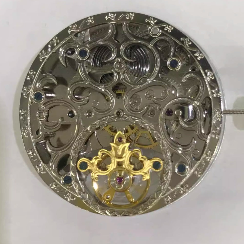 Carved silver hollow watch with 3 hands, automatic mechanical movement by China Made brand.