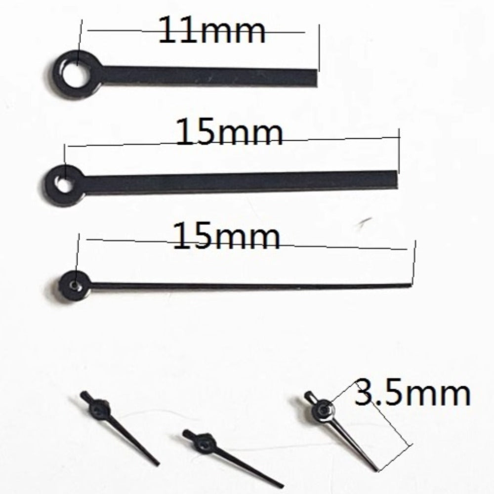 15mm black painted watch hands set for Miyota OS10 OS20 OS30 movements, precise and durable.