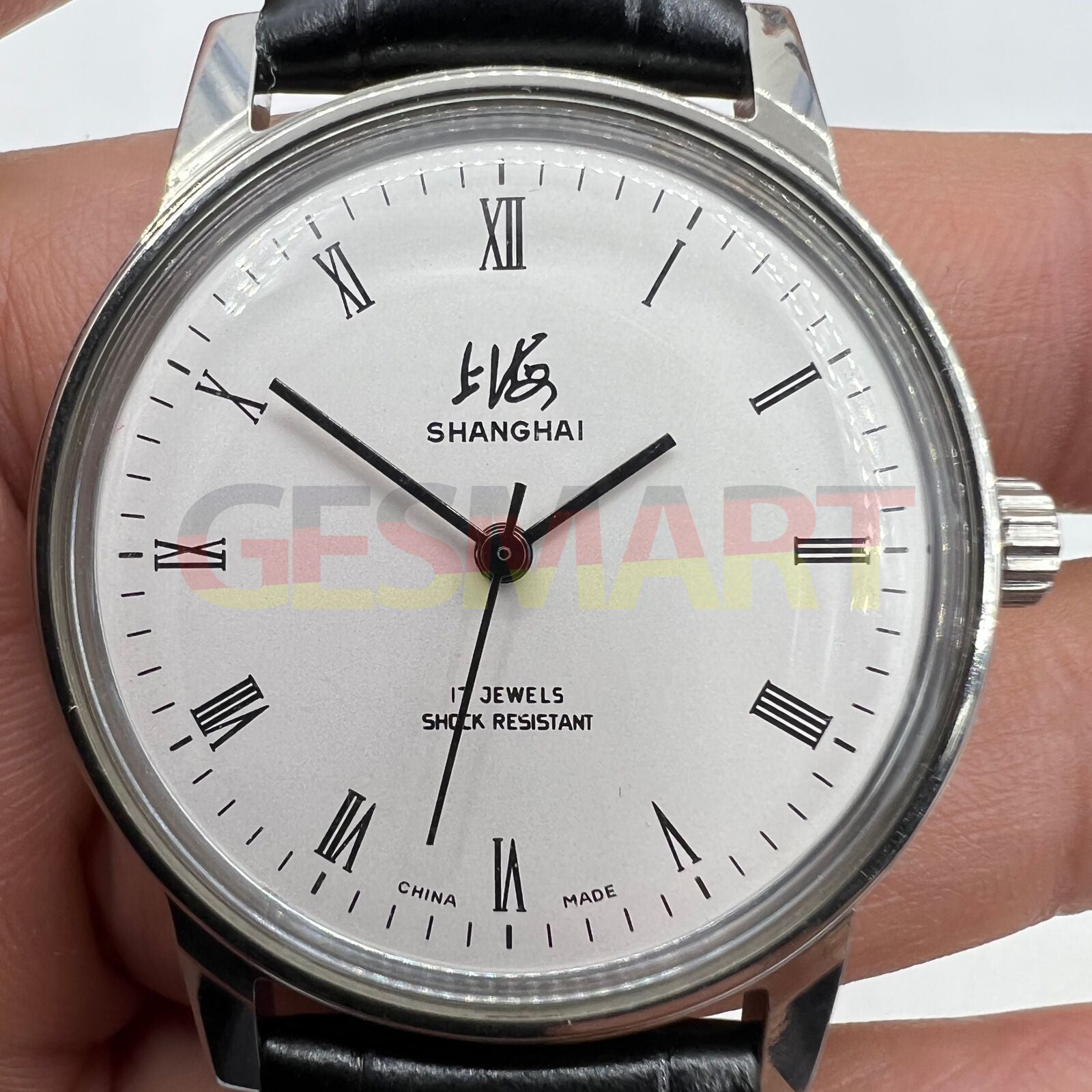 Shanghai Factory 36mm manual mechanical watch with 17 jewels, shock resistant, classic style for elegant wear.