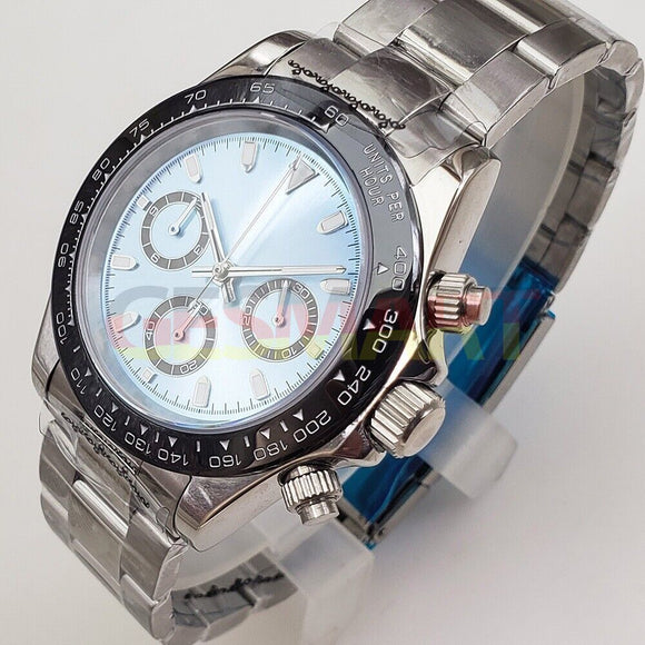 39mm Stainless Steel Sapphire Glass VK63 Chronograph Quartz Watch Blue Dial