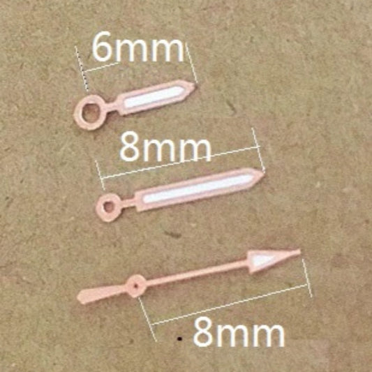 Rose Gold Trim Green Lume watch hands, 8x8x6mm, compatible with Miyota 2035 quartz movement.