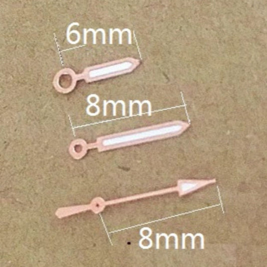Rose gold trimmed green lume watch hands, 8x8x6mm, compatible with Miyota 2035 quartz movement.