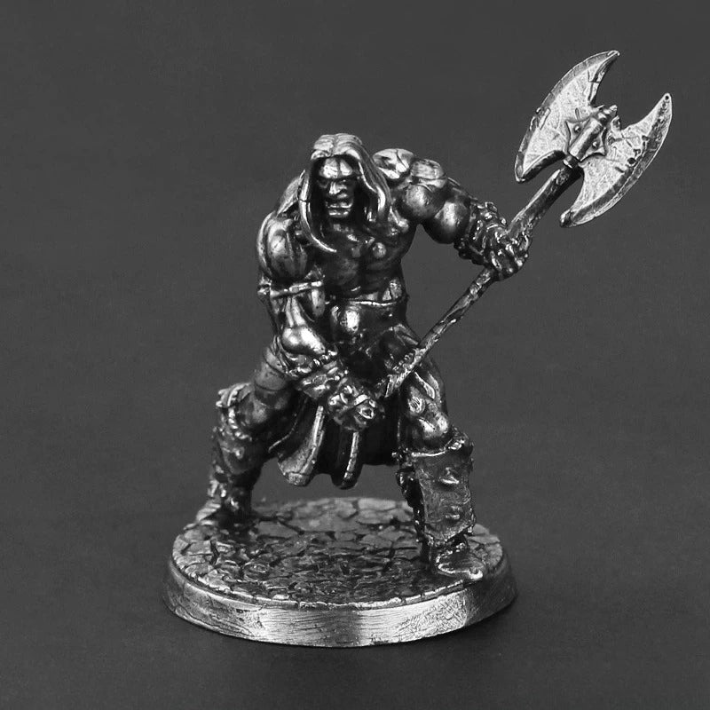 White Brass Figurine Latham Barbarian Miniature - Muscled Double-Headed Battleaxe Figure