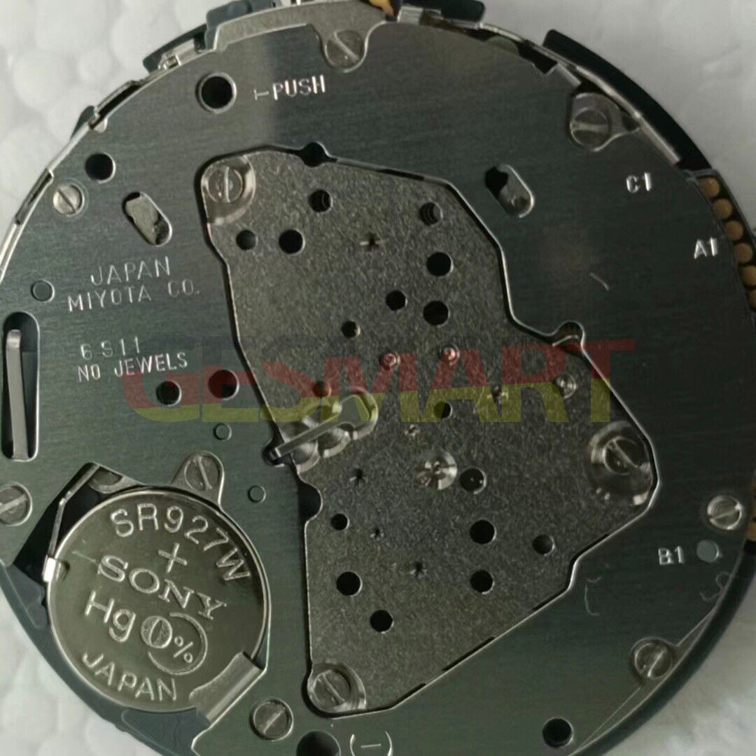 Miyota 6S11 quartz watch movement showing date at 3 o'clock, small second hand at 6 by 12, high precision
