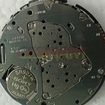 Miyota 6S11 quartz watch movement showing date at 3 o'clock, small second hand at 6 by 12, high precision