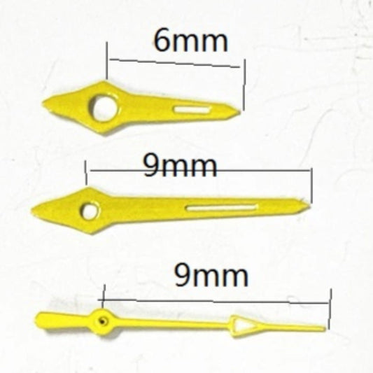 Yellow trim watch hands fitting Miyota 2035 2115 quartz movements, precise and durable accessories.
