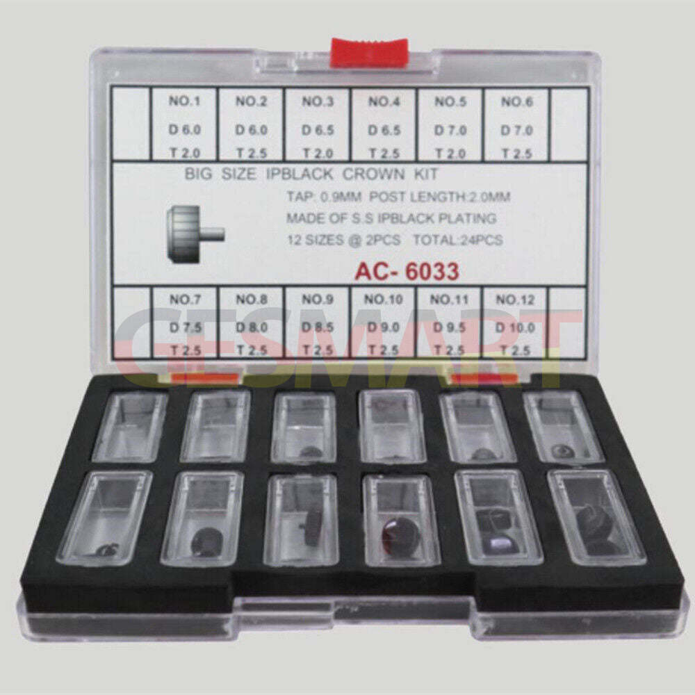 1. Stainless Steel Black Watch Crowns Assortment Kit with 24 large sizes for watch repairs, brand included.  
