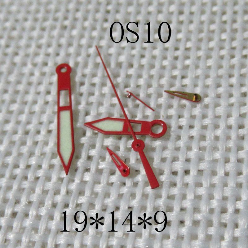 Red-trimmed green lume watch hands sized 19x14x9mm for Miyota OS10 0S10 movement.