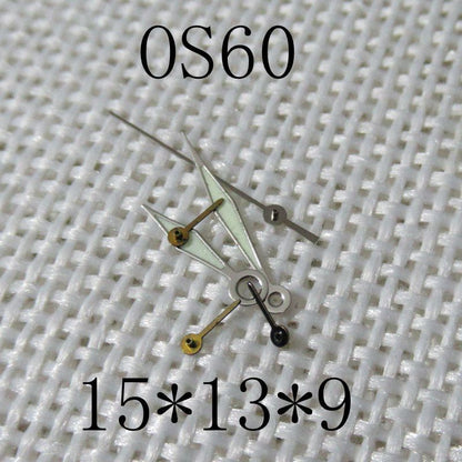 Silver-trimmed green luminescent watch hands by Brand, sized 15x13x9mm for Miyota OS60 movement.