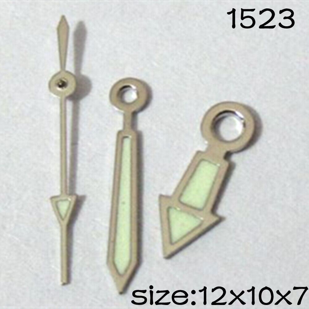 Luminous silver trim watch hands set for Miyota 2035 movement, sizes 12mm/10mm/7mm by #1523.