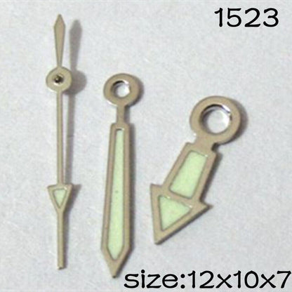 Luminous silver trim watch hands for Miyota 2035 movement, sizes 12mm, 10mm, and 7mm, model #1523.