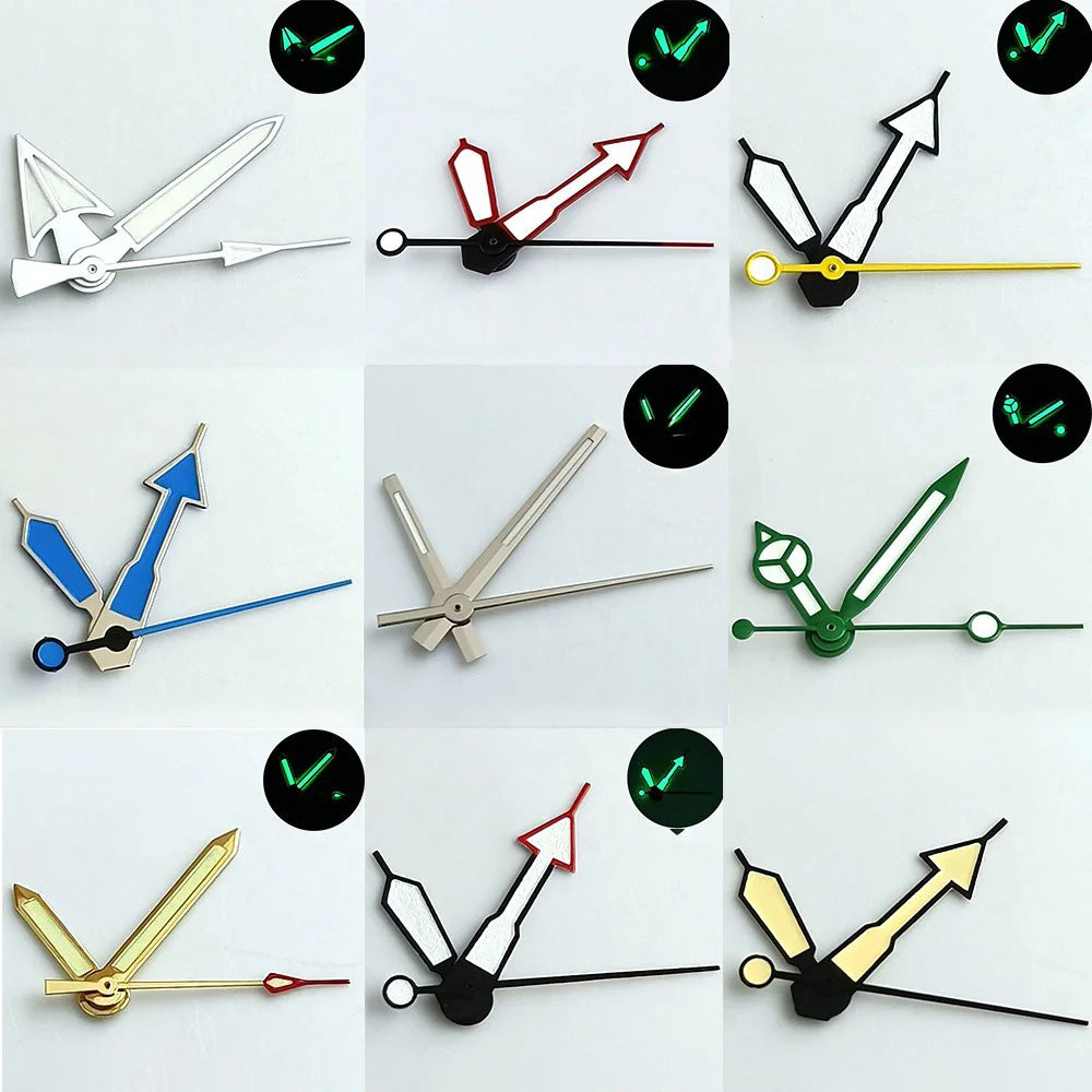 Pointer watch hands in green and blue with Super Luminous finish, compatible with NH 35 NH36 movements by Pointer.